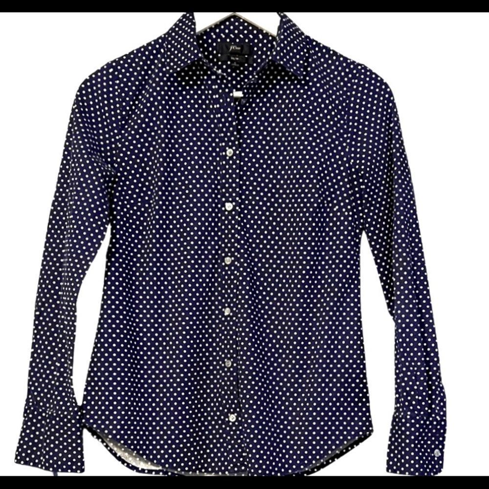J. Crew Slim Fit Button Down Navy Blue With White Polka Dots Top